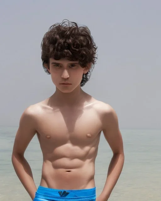 beautiful 12 year old arabic boy with long, curly hair and light blue eyes,shirtless, in front of a beach