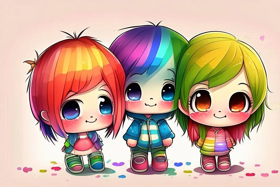 cute rainbow chibi girl and boy