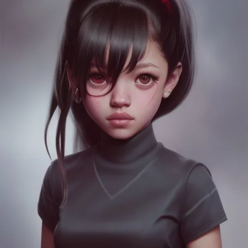 Jenna ortega with black school uniform, seifuku, pleated miniskirt, overknee socks, painted by artgerm and tom bagshaw, fantasy art, dramatic lighting, highly detailed oil painting, volumetric lighting