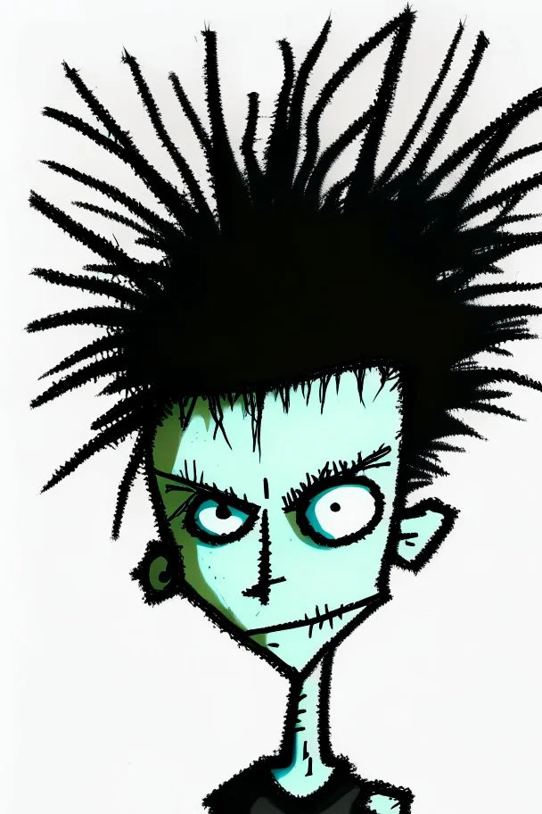 Portrait of 2d drawing of a stickman, cool with punk hair, x eyes like in hangman, slight smile, 3d realistic in colour