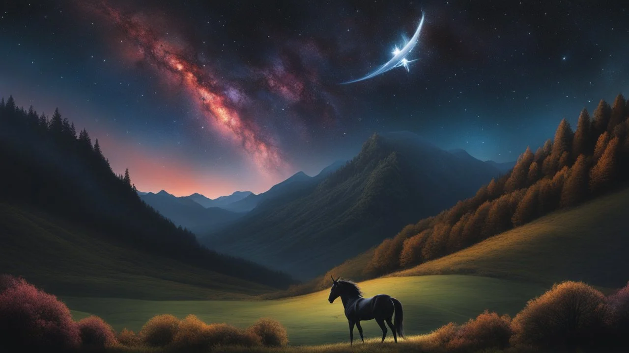 A night sky seen from the bottom of a deep valley. an exploding star filling the sky. a black unicorn. Painted by Satan.