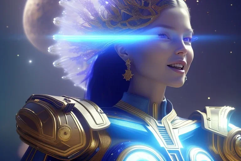  beautiful cosmic woman, nice smiling, magic glamour make up, delicate colors, beautiful glamour galactique dress, ultra sharp focus, 8k, unreal engine 5, extremely sharp detail, light effect, soft light atmosphere of a spaceship, smooth, full of details, face in front, complete vision of face and hair and body