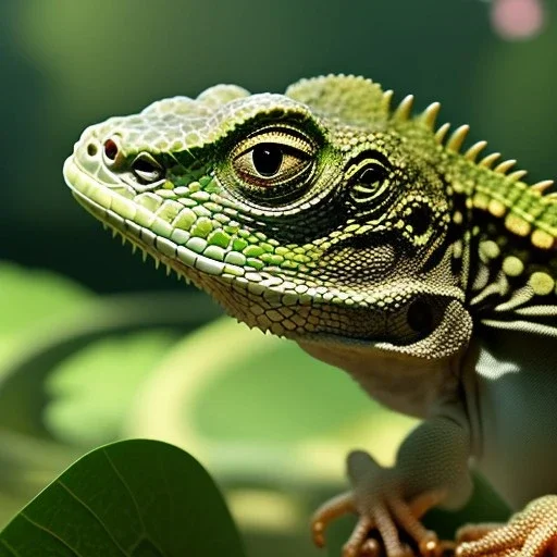 pixar style, volumetric summer garden environment and background, realistic painting of a Cute baby iguana, looking excited, detailed digital painting, extreme dense and fine fur, anime, ornate, colour-washed colors, elegant, small minutiae, tiny features, particulars, centered, smooth, sharp focus, renderman gofur render, 8k, uhd, detailed eyes, realistic shaded volumetric lighting, sunlight caustics, backlight, centered camera view