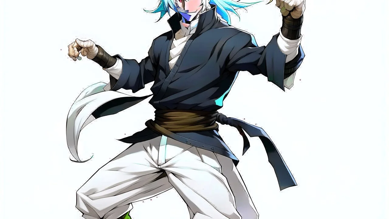 Satoru Gojo is a young guy white hair blue eyes black turtleneck without arms white loose pants in a defensive pose