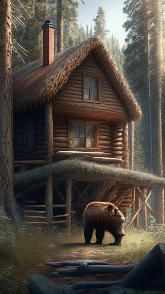 A cabin in the woods, a big brown bear, a movie scene, a more accurate picture hdr 3d