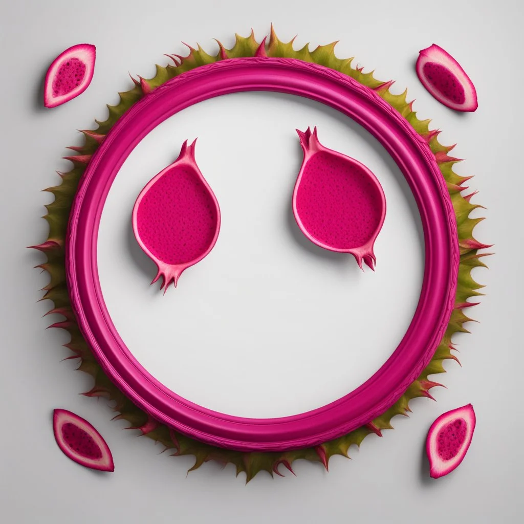 Round picture frame in the colors of dragon fruit on a light background to remove