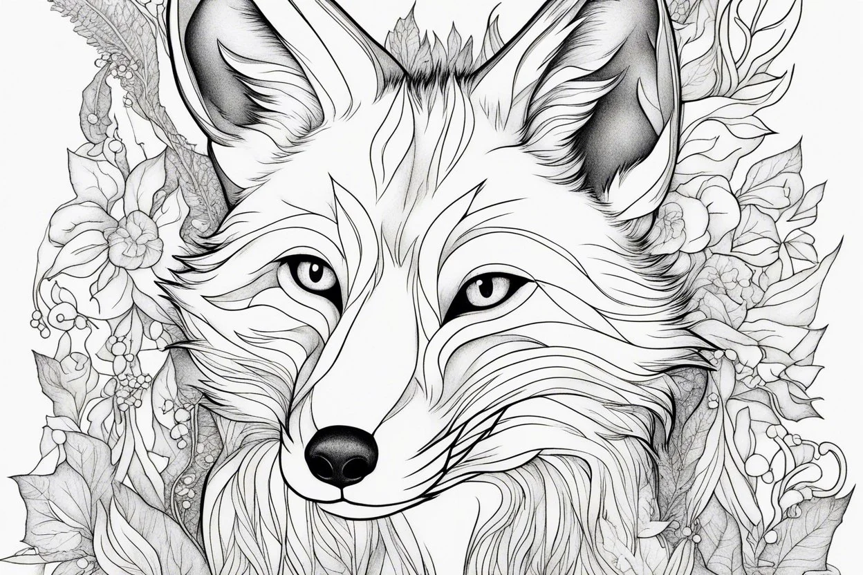 colouring book page, portrait of a fox