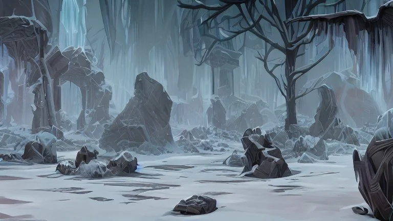 This area is a graveyard where creatures that have died from extreme cold. Each creature is encased in a thick coat of ice, preserving its remains.