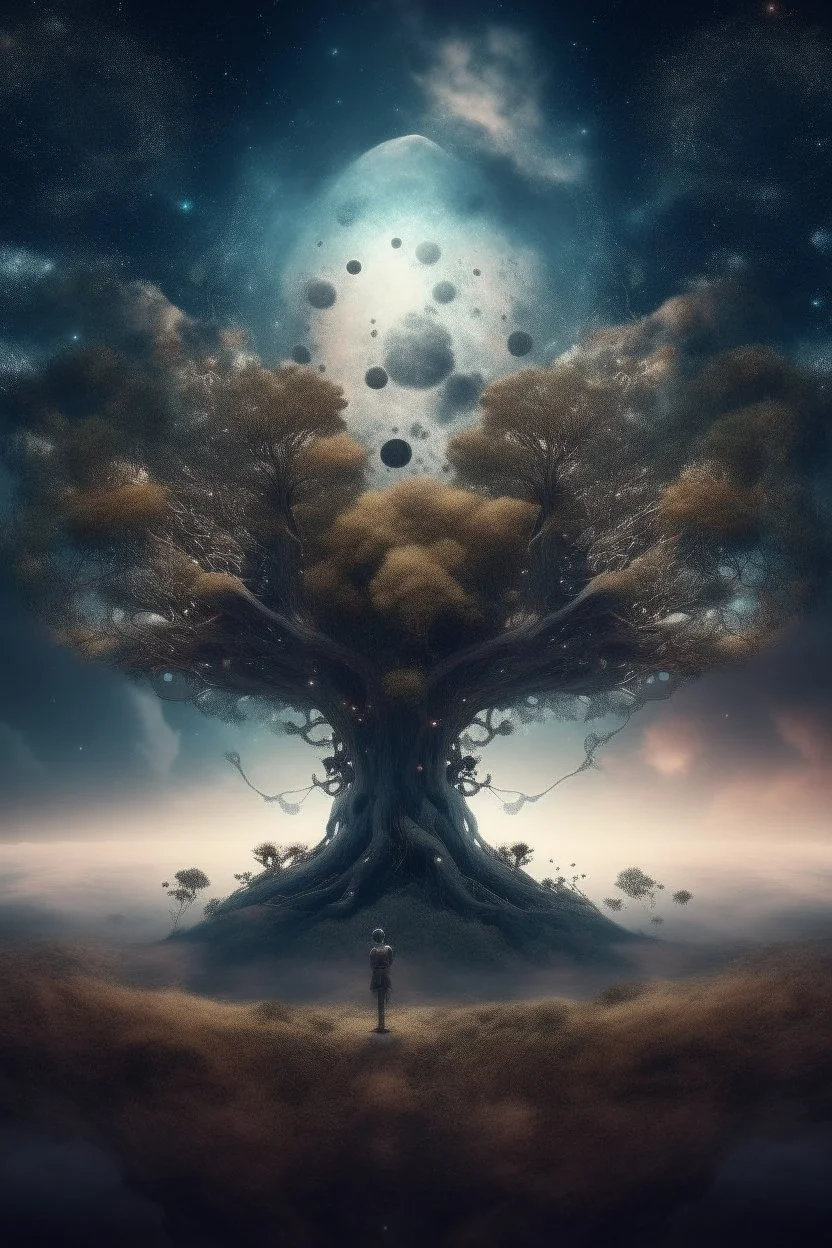 The tree in another dimension surrounded with big doom and mirrors with stars and galaxies and clouds and fogs, Busch painting nightmare style , 3D , scary, magical, mysterious