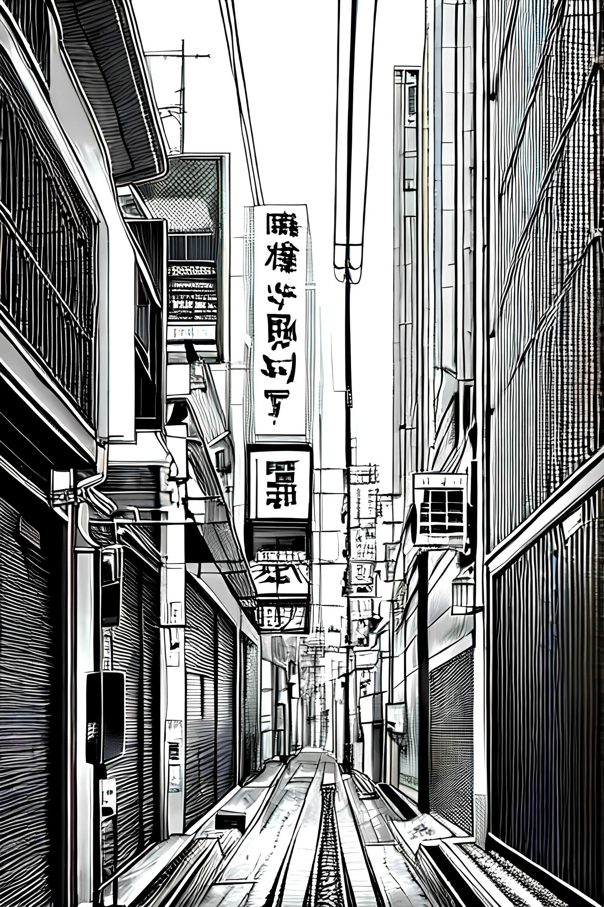 Tokyo alley, line arts, greyscale