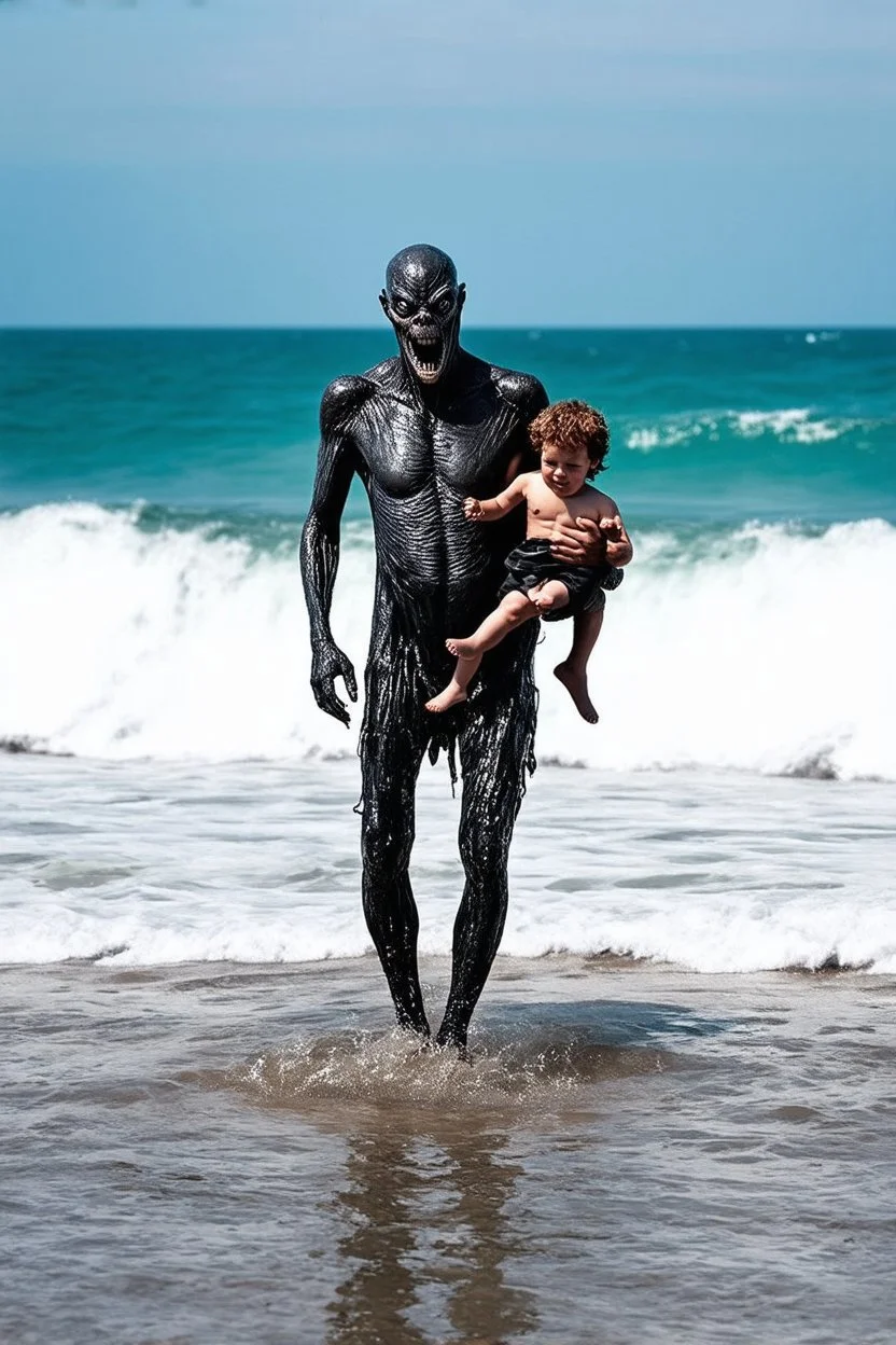 serious bipedal gillman walking out of the surf onto a beach carrying a drooping knocked out soaking wet child in both arms, surrealist color photography, perfect anatomy, detailed, unsettling, gnarly, WTF, background of an ocean with heavy surf