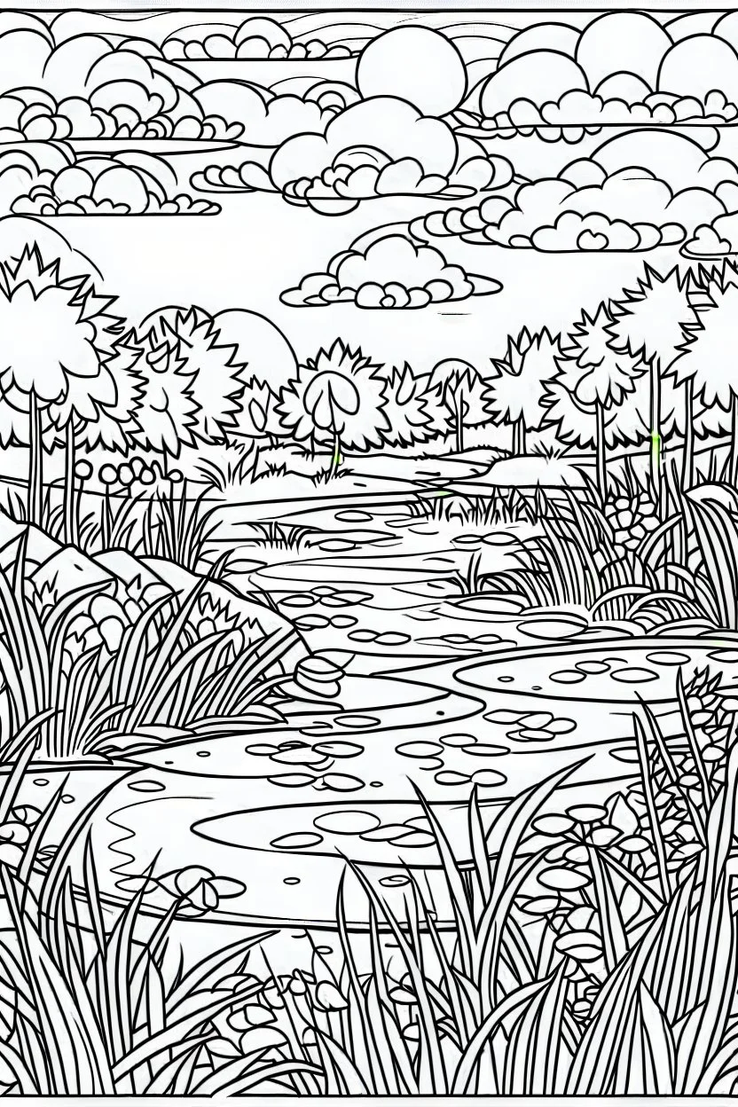 coloring page, pond in the field, cartoon style, thick lines, low detail, no shading