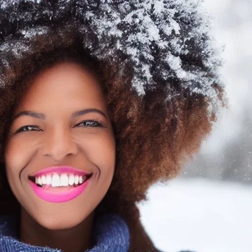 portrait of a black woman with realistic facial features, perfect smile, and brown coily hair in winter wonderland