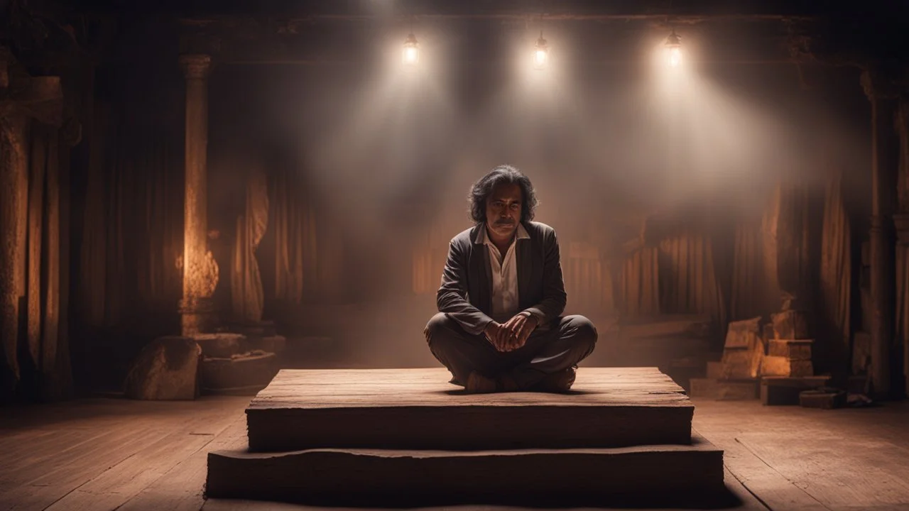 Hyper Realistic Jaun Elia Poet Sitting on traditional rustic vintage stage with dramatic lightings & ambiance