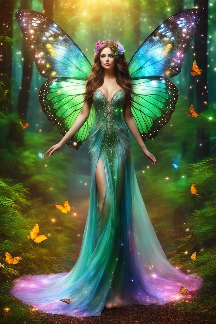 Gorgeous Photography Ultra Realistic Natural Beautiful Butterflies woman straddle wings with gown shiny brown flowing hair, glitter colorful Butterflies wings, lovely glowing green eyes, surrounded by magical colorful forest and flickering lights, digital photography, kaleidoscope, vibrant colors, vivid colors, colorful,in magic forest full sparkling light