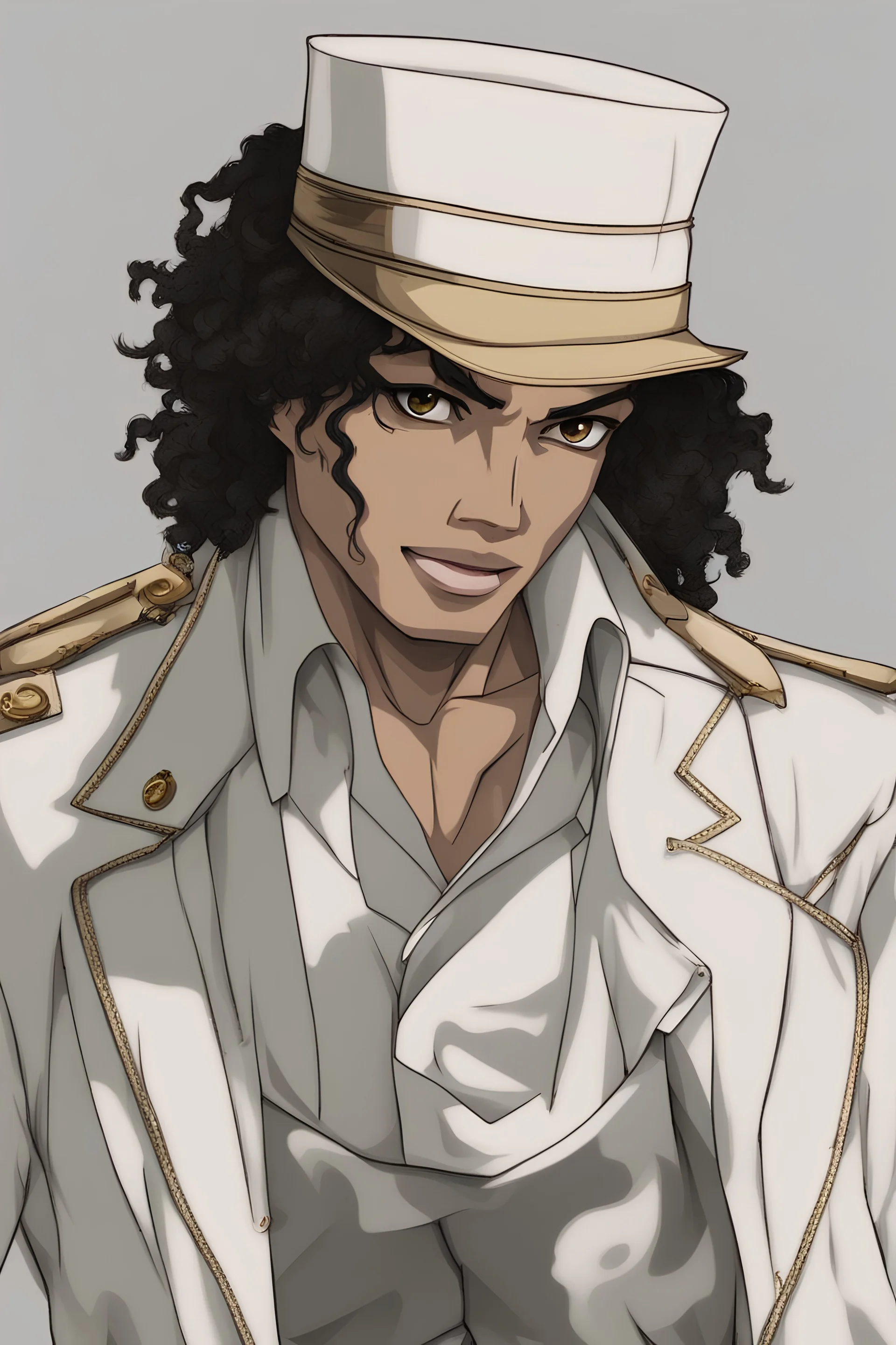 michael jackson anime version, with his white hat, his wavy hair in a pony tale, with a tuft of curls over his face on both sides