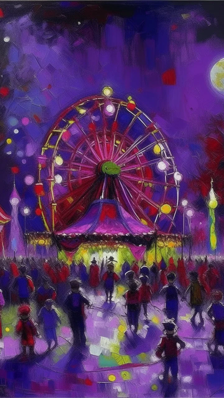 A purple pinball themed carnival painted by Claude Monet