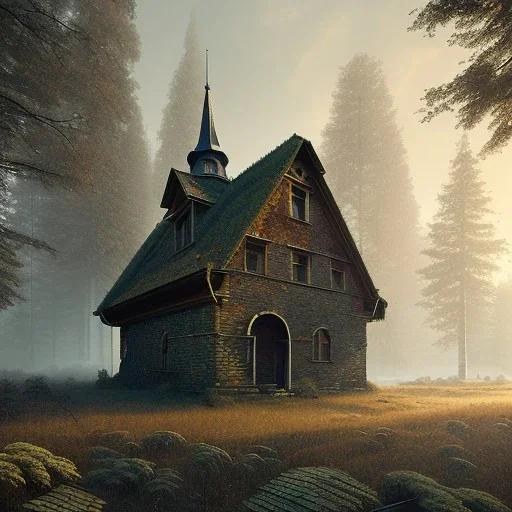 Abandoned attic simple modern Slovak type house,in the forest brick walls, highly detailed, hill in the background, two windows on the front wall, with roof, concept art by Greg Rutkowski