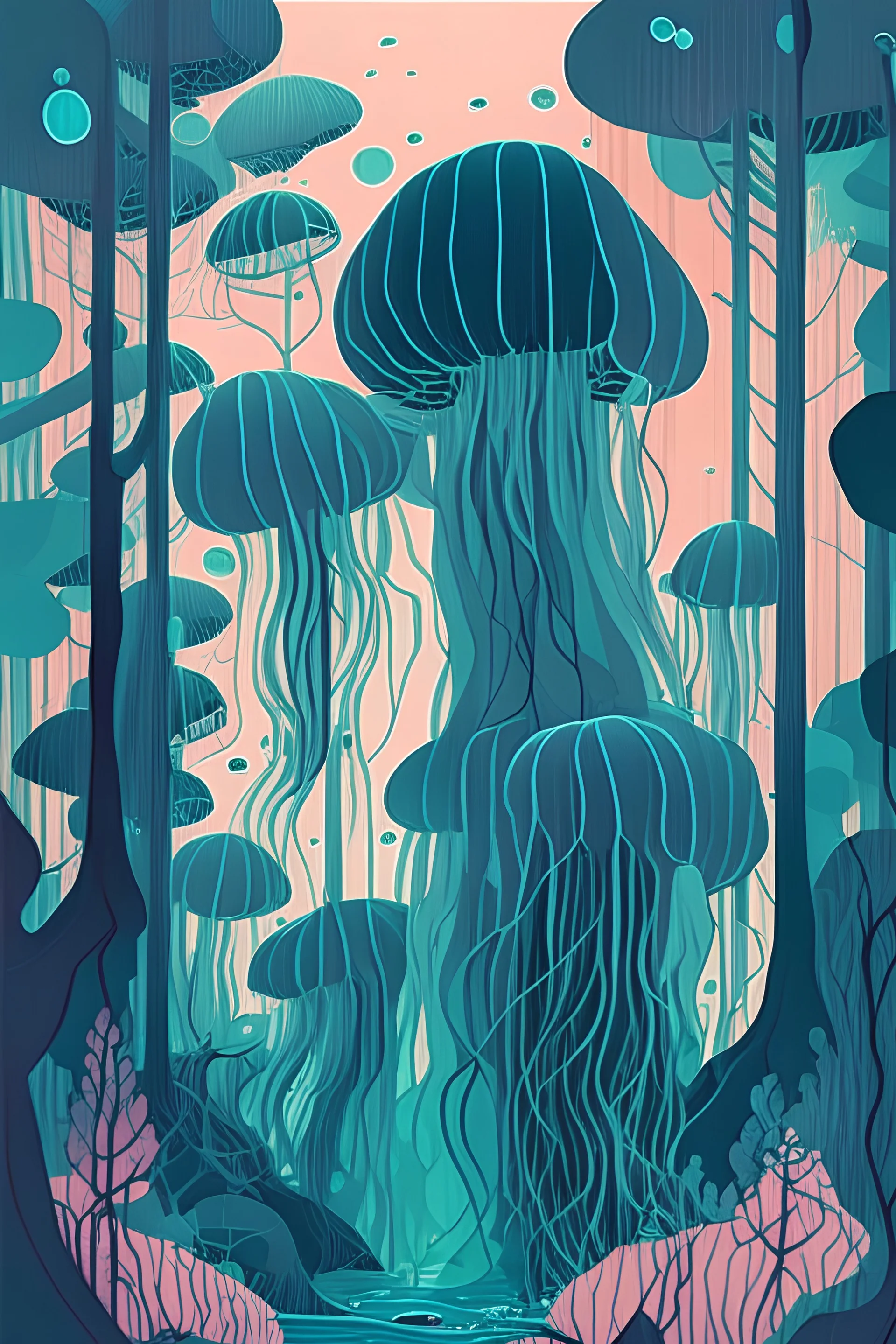 jellyfish forest, 2D flat illustration style, monoline, 3 colors