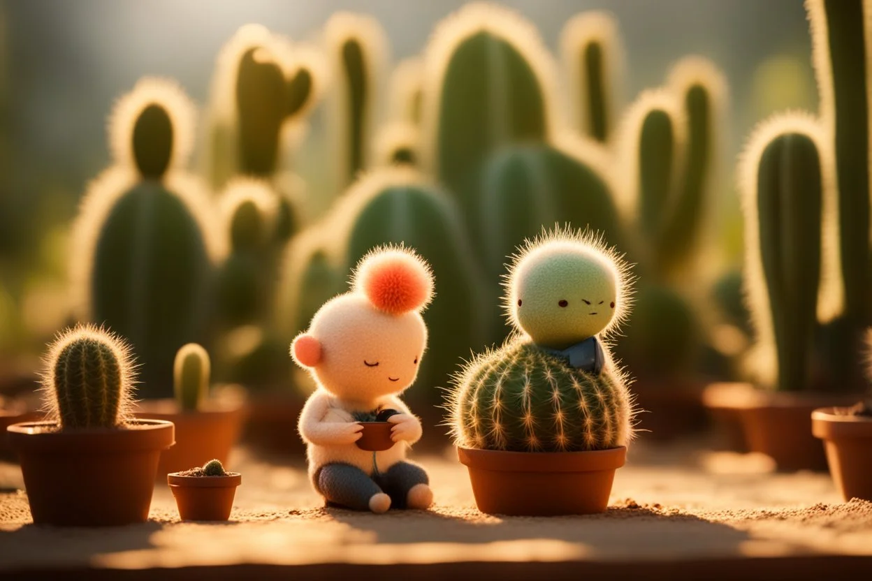 cacti garden, two cute fluffy chibi creatures, one kneeling and planting cacti, the other watching with arms folded in sunshine, ethereal, cinematic postprocessing, dof, bokeh