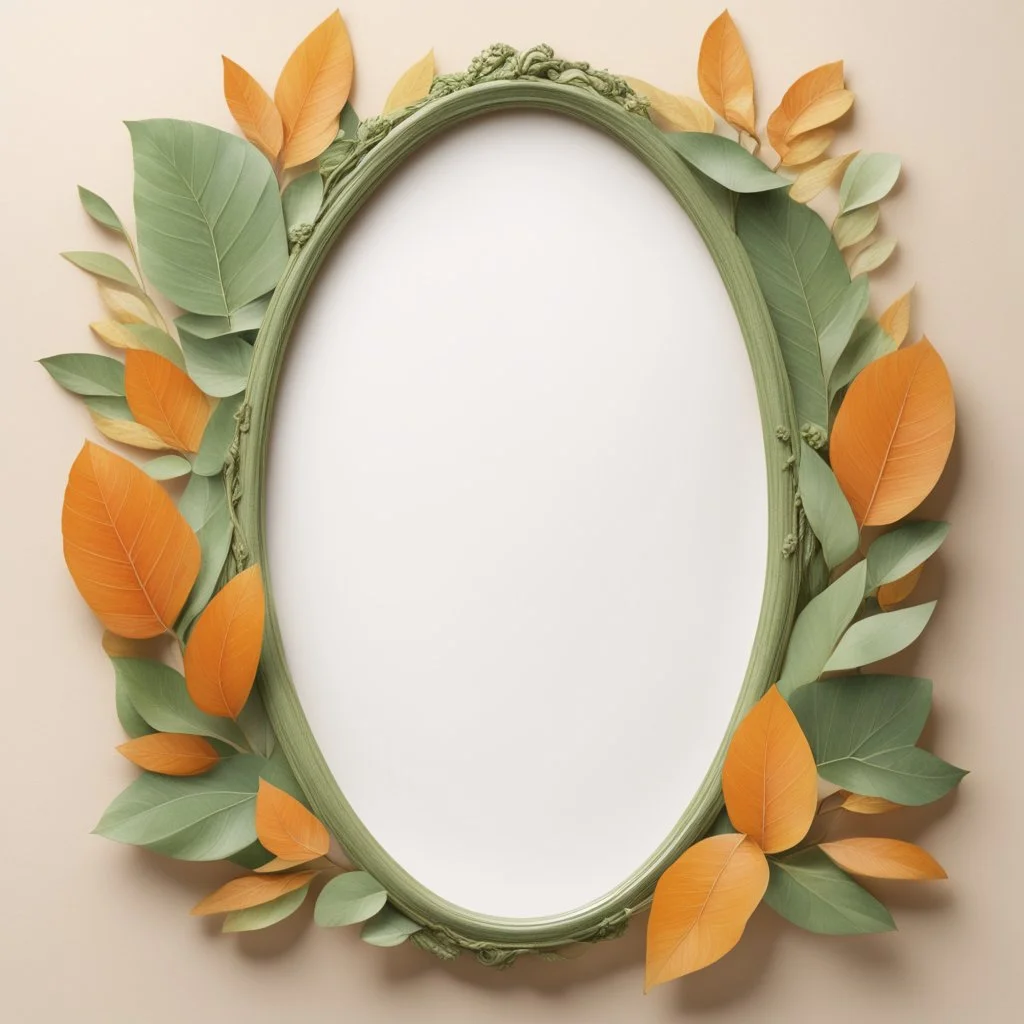 Oval picture frame in the colors mango and light green leaves and some light orange all on a light background