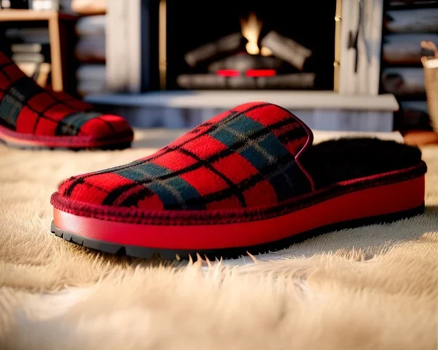 Red plaid slippers laying on a fur rug by log cabin fireplace