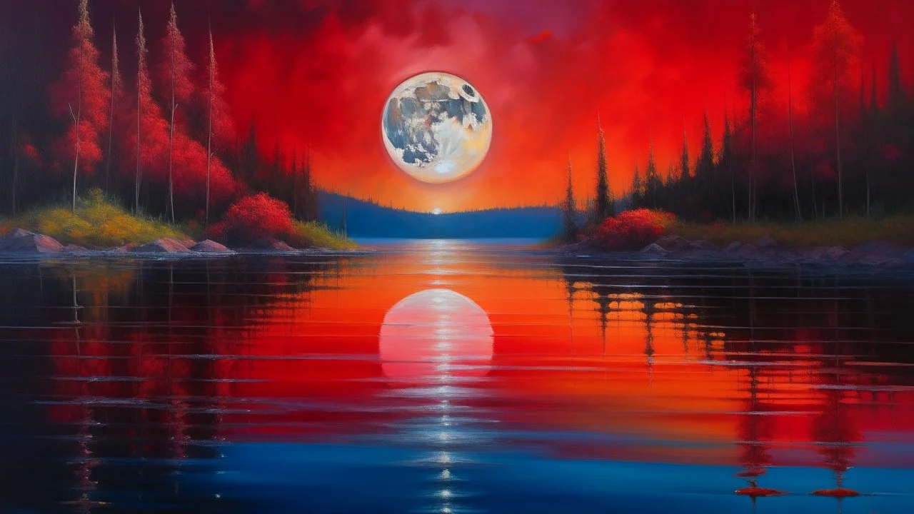 A surrealistic oil painting of the red moon rising over the crystal lake, with intricate brush strokes and vivid colors. The scene captures the reflection of the moon on the calm water, creating a mesmerizing effect. SUFFIX: The image is filled with a dreamlike quality, blurring the lines between reality and imagination