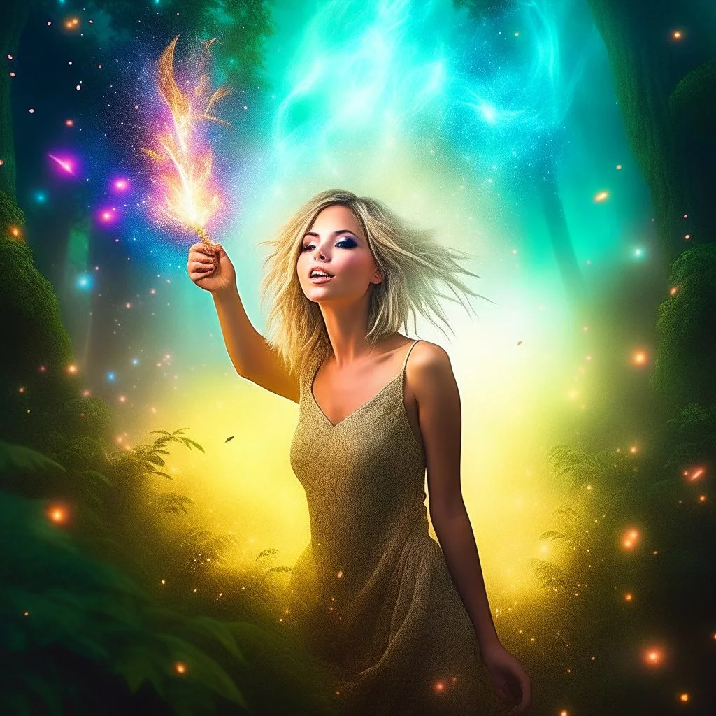 book cover illustration, samantha fox hippie pixie hovering in the underground grove sparkling light confetti, in the style of dali, 8k, down-light, soft light, depth of field, photo realism, trending on art station, high detail, smoke and fog