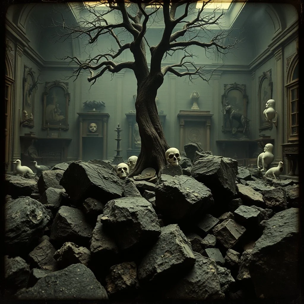 photo, 1920 horror movieshot, rocks, very odd objects in background, Ades, Charon, tenebroso, macabro, marcio, interno museo, hypermaximalist, odd, intricate, Lawrence Alma-Tadema style, albero, hypnotic, eerily mysterious, artistic photo, shot on Hasselblad, sadness, follia, smoke, daguerrotype