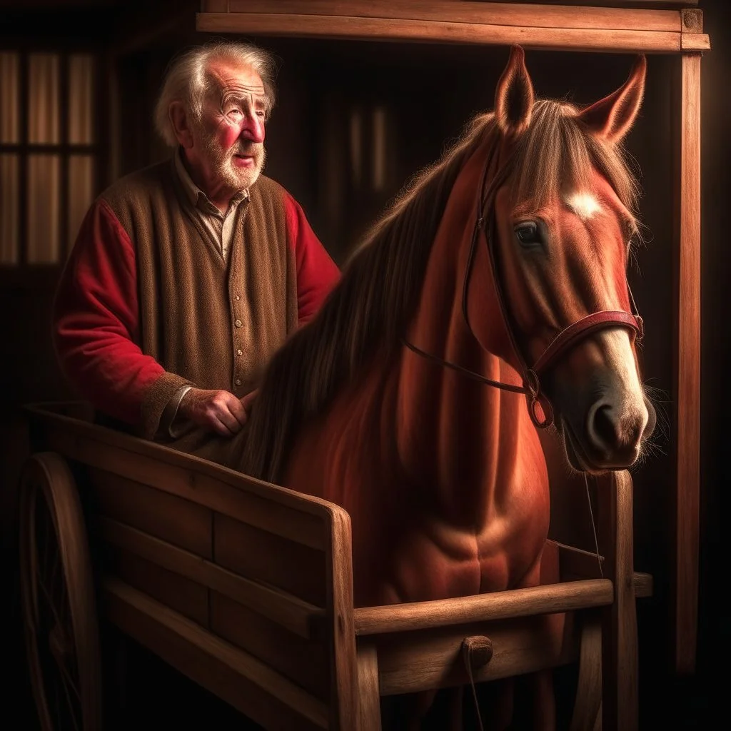 old man in stylish wooden horse wagon, motion blur, 8k, downlight, soft light, depth of field, photorealism, trending on art station, lotsa detail