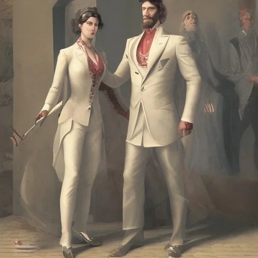 8K, a Highly detailed stunning portrait of Dom man, a white suit, beard, and short hair, with a kneeling submissive woman