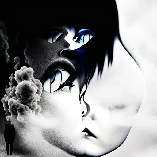 two human faces intermingled in a cloud of smoke, surreal