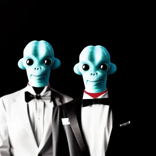 Portrait of two aliens wearing tuxedos and attending a 1920s party