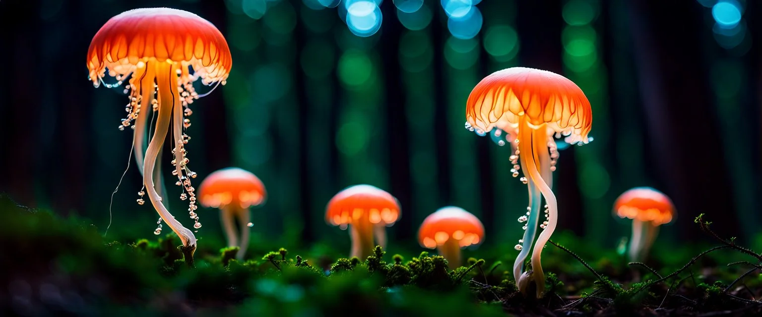 bio luminous floating JellyFish Fungus, fungal, light floating in a forest, Treeline, Alberta, scientist, Dystopian, Hyper detailed, Realistic, Extreme depth of field, bokeh blur, Alberta all-natural, in the style of candid, imperfection, natural lighting, cinematic, Fuji Film, Anamorphic lens, 2040s, --ar 4:5 --w 150 --style raw