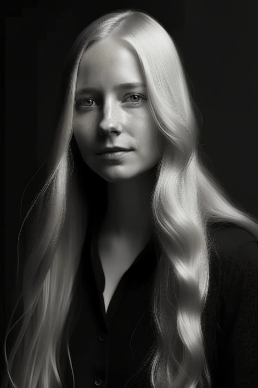 Portrait of a human woman, long blonde hair, dressed in black and white, pale,