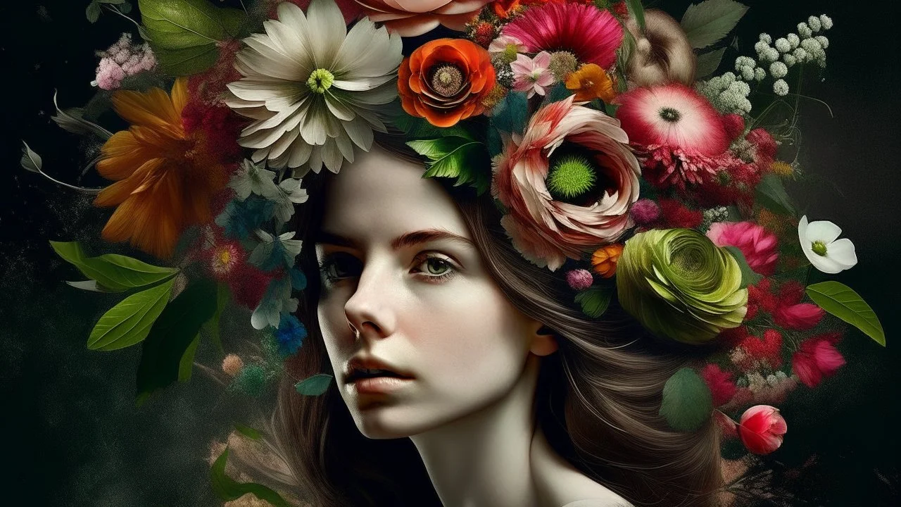 there is a woman with flowers in her hair and a flower crown, woman with flowers, female portrait with flowers, beautiful digital artwork, contemporary artistic collage, by Adam Marczyński