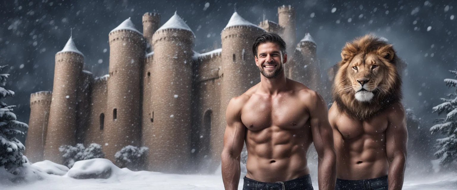 Hyper realistic Extremely Handsome shirtless muscular men smiling & Standing outside huge castle with a lion at heavy snowfall night