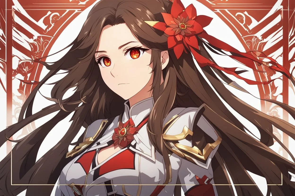 woman with long brown hair and red eyes from Genshin Impact, intricate background, intricate face, fire archon, anime style, dynamic composition