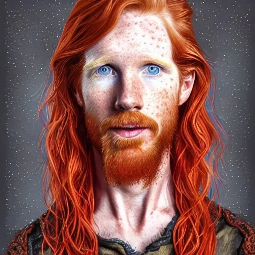 Portrait of young Courtney Gains as a ruggedly handsome, joyful, roguish pirate, charismatic, attractive male, masculine, perfect, precisely detailed clear eyes, unblemished, flawless skin, softly freckled face; meticulously detailed multi-hued ginger carrot-colored cherry fire red hair; fantasy, intricate, elegant, highly detailed, digital painting, concept art, matte, sharp focus, illustration, art by artgerm and greg rutkowski and alphonse mucha