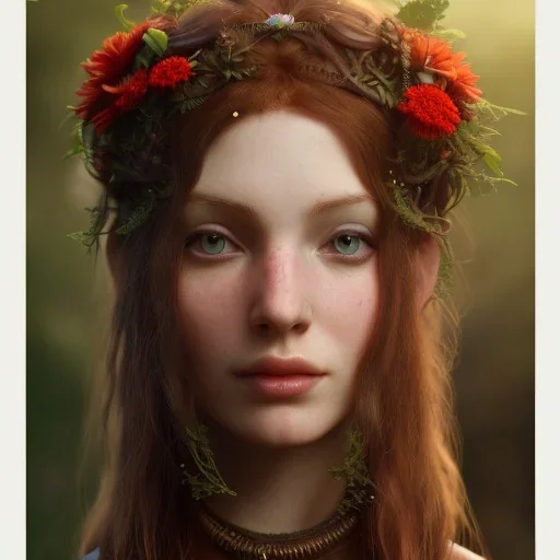 A beautiful celtic druid with red hair and flowers and mushrooms growing from her hair, digital art, HD, 8k, high definition, very high quality, detailed eyes, nature, druid, fantasy