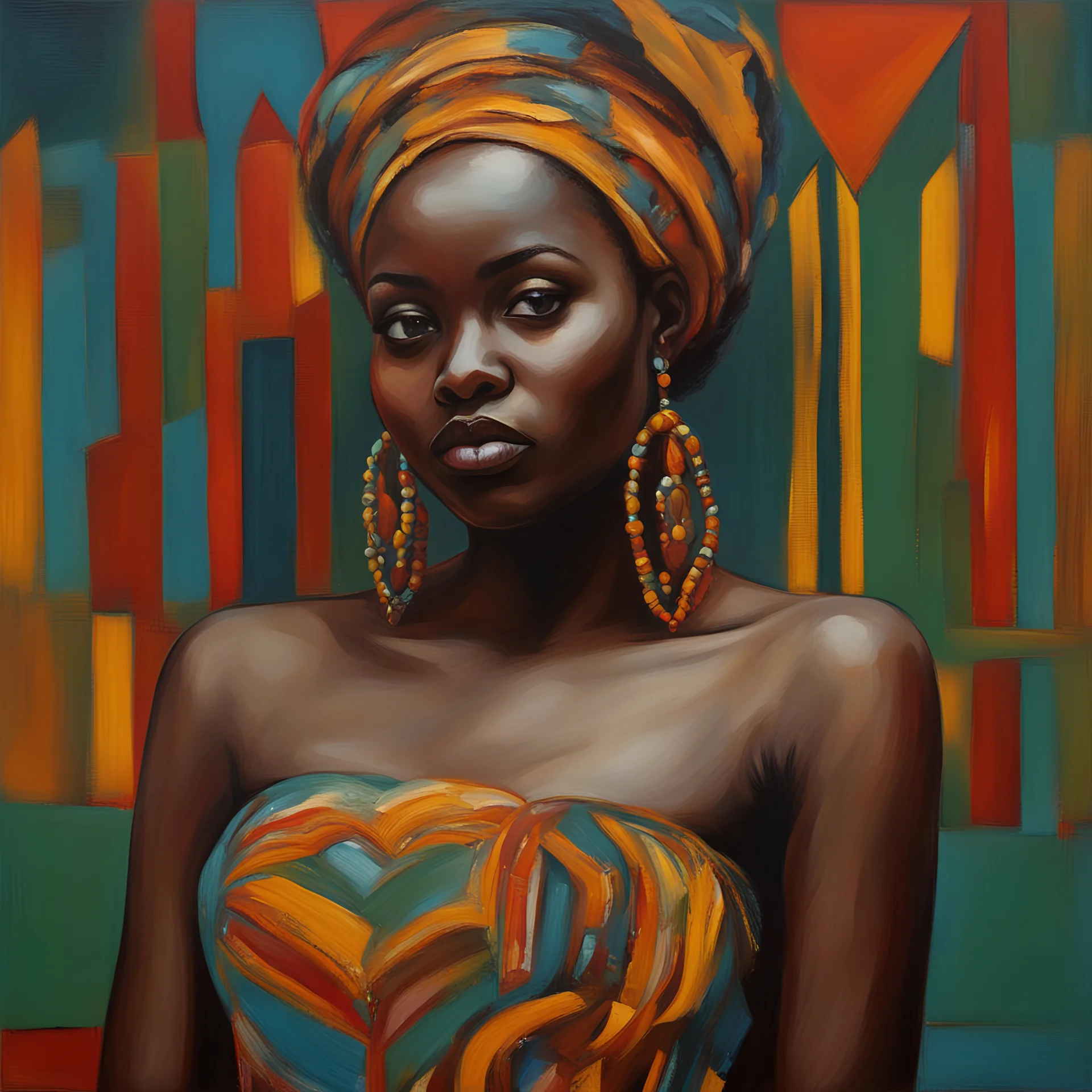 A portrait of a young African woman wearing a tourban painted by expressionist painter