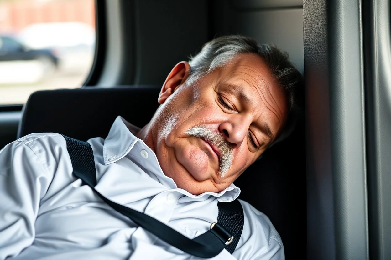 Cree l image d un agent de sécurité proche de la retraite. Il porte des bretelles. Il a une chemise blanche. Il a une petite moustache. Il dort sur une chaise.