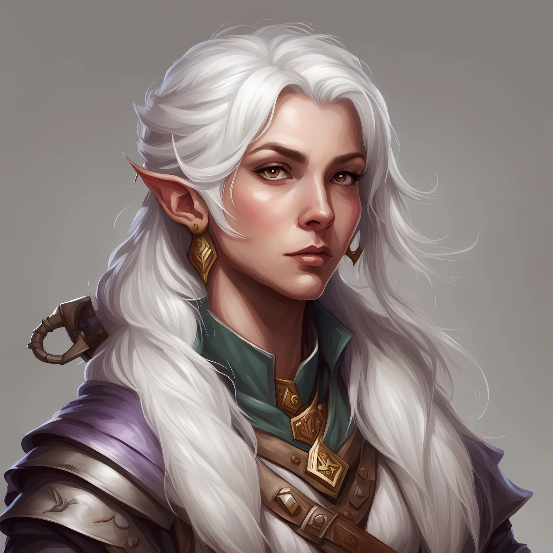 Dungeons and Dragons; portrait; plain background; human; female; Bard; white hair