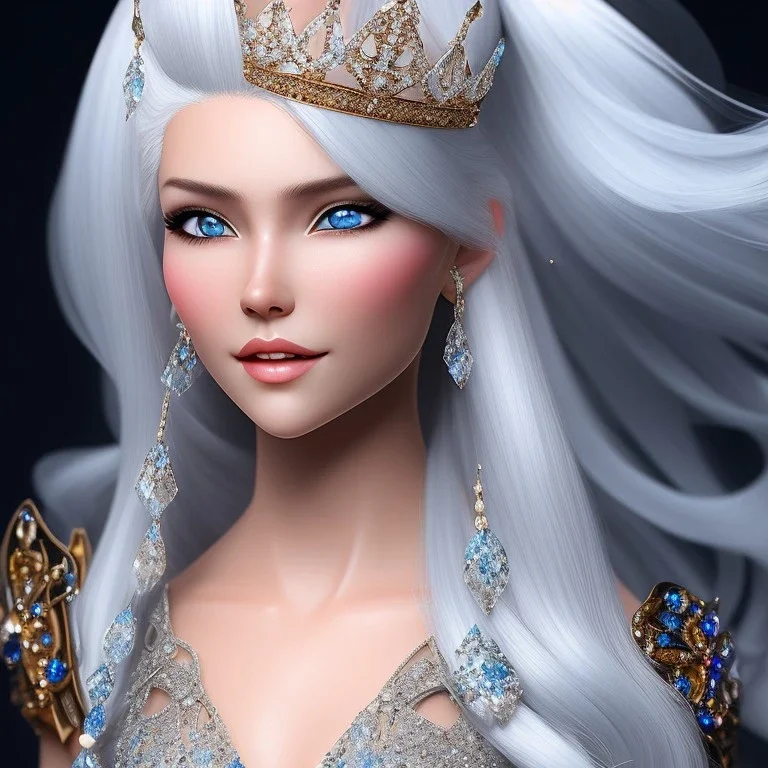 Ice Princess with white hair smilling, a crown with precious stones, bright background