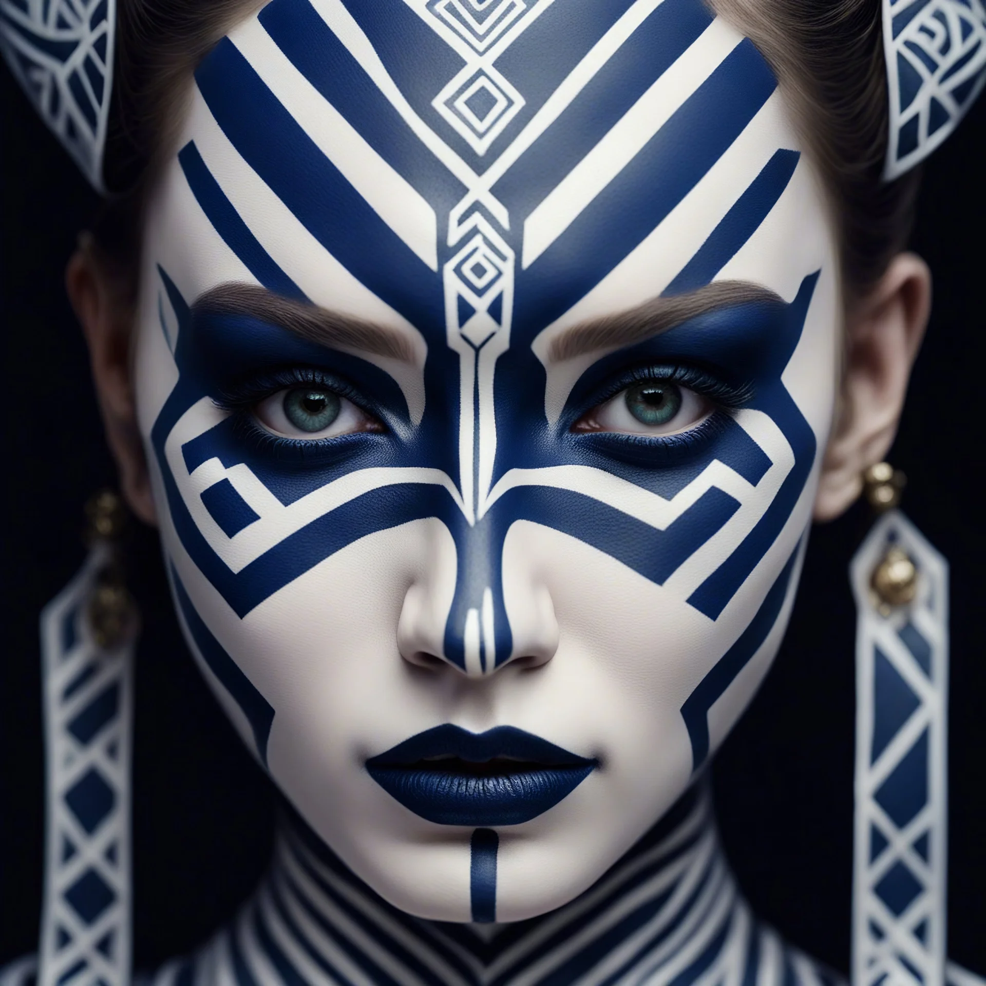A hyper-realistic close-up portrait of a mysterious woman with intricate ceremonial face paint. Her porcelain skin is painted with sharp navy blue and white geometric stripes running vertically, framing her nose and outlining her features in a symmetrical, almost sacred pattern. Her eyes are intense and ethereal, with shimmering black and silver eyeshadow, outlined in crimson red, giving her a haunting, regal presence. Red crystal-like beads hang like tears from under her eyes, strung on golden