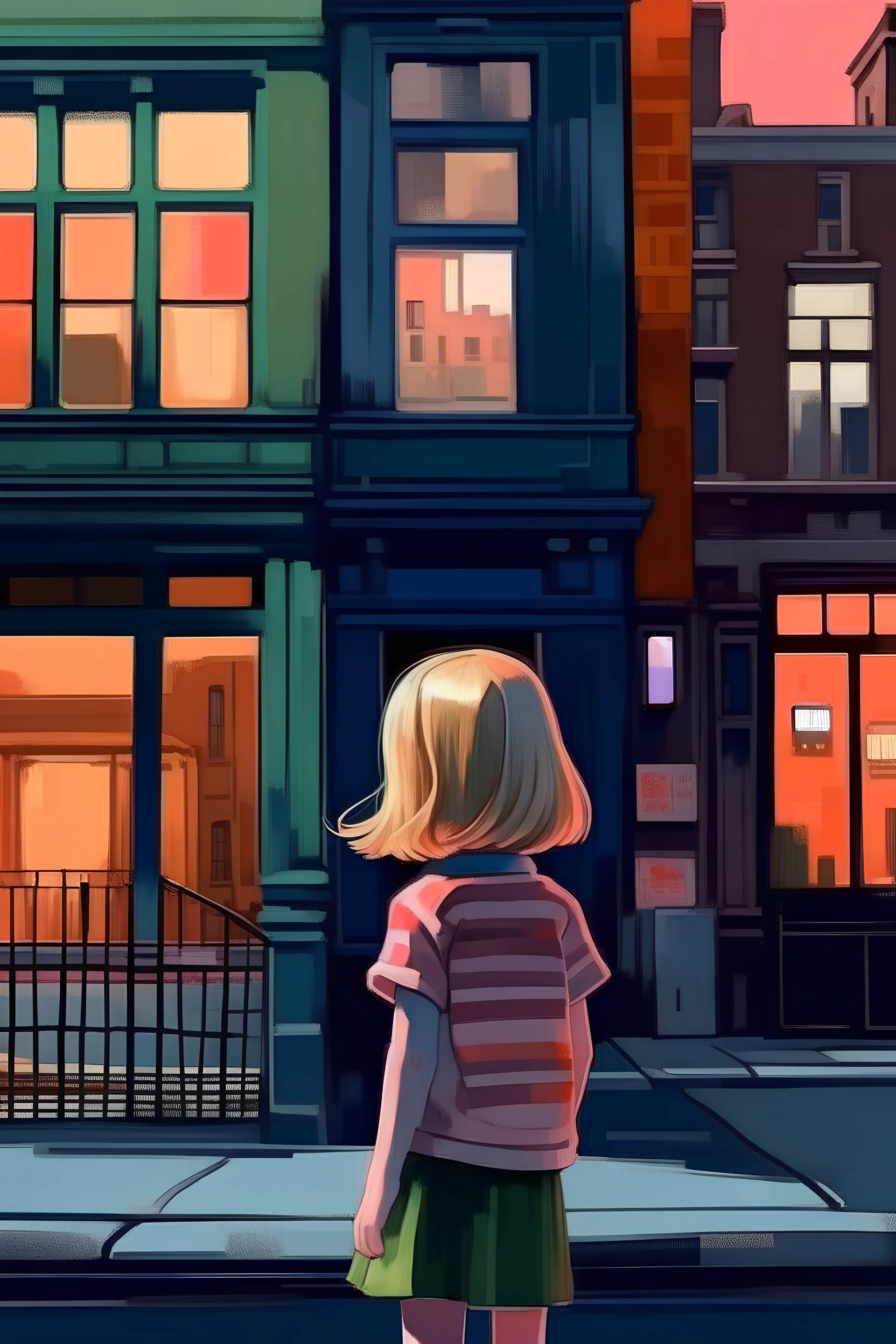 tableau d'une petite fille seule et perdue ,de 5 ans, aux cheveux clairs , de dos, dans une rue urbaine, immeubles colorés , boutiques avec vitrines à la manière de EDWARD HOPPER