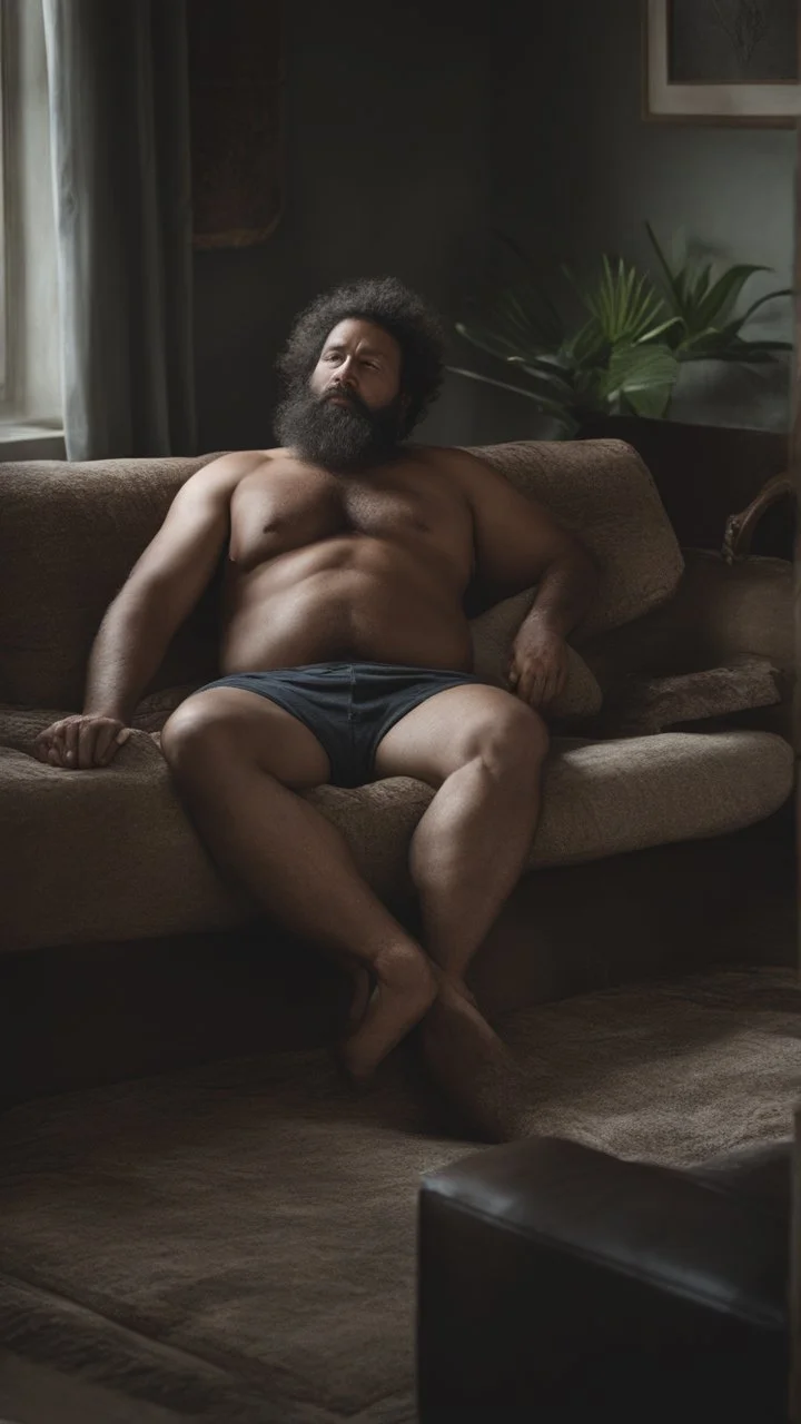 photorealistic, photography, full figure shot, an hairy men sleeping over an old sofa, hands behind the neck, Realistic photography, shirtless, shorts, well defined facial features, muscular chubby sweat dirty marocan, ugly , 34 years old , open legs, manly chest, big shoulders, manly torso, long beard , very dark living room, dim light, ambient occlusion, view angle from below, frontal view from the ground