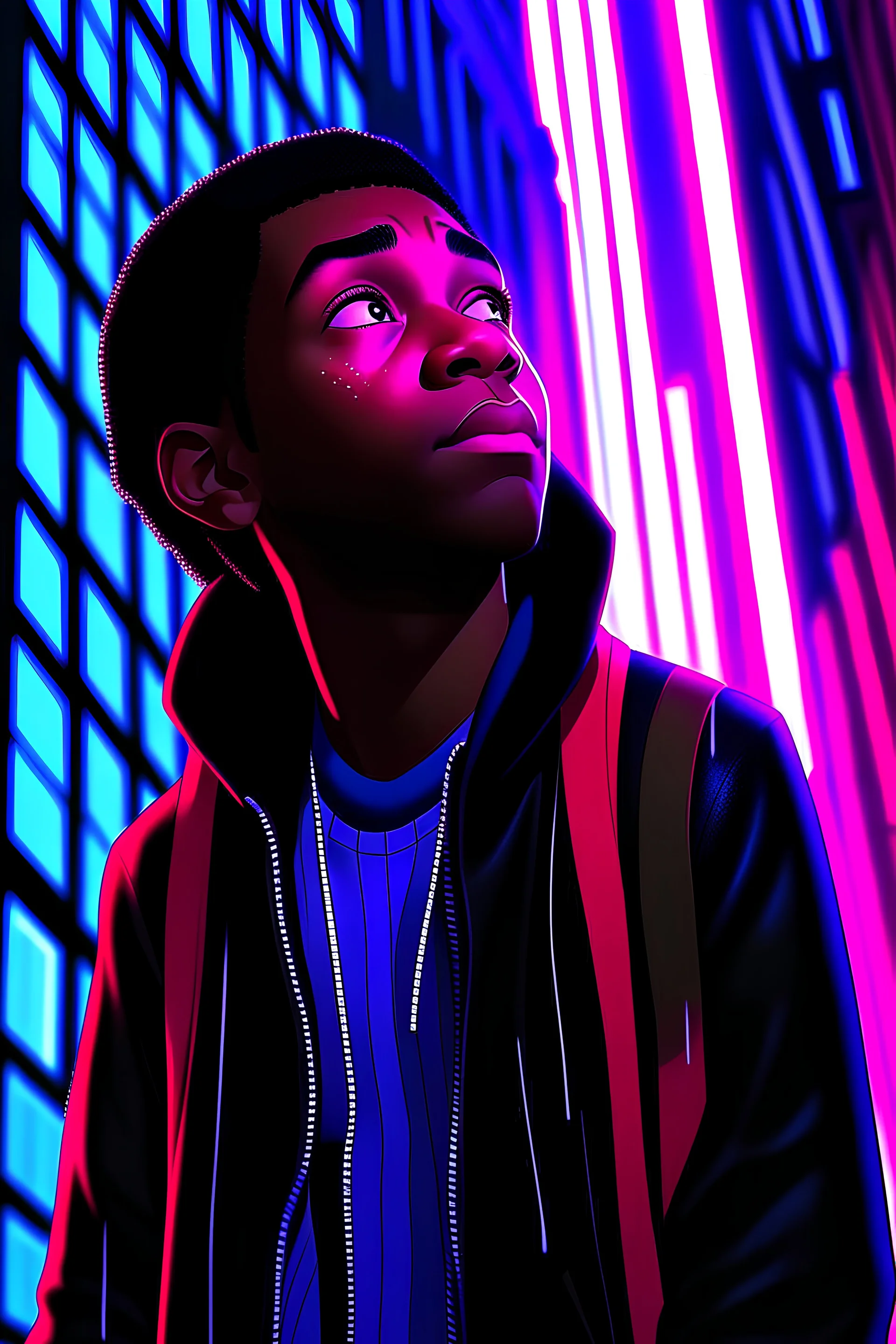 Miles Morales in the rain in the city looking up