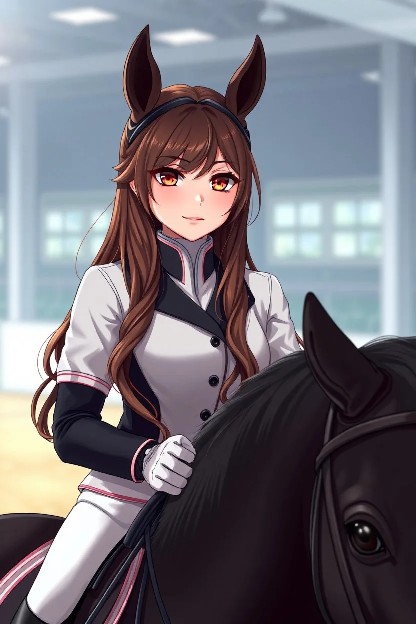 A portrait of a woman with long brown hair and red eyes wearing competitive horse riding clothes, riding a black horse, modern dressage arena setting, anime style, intricately detailed, masterpiece, HD, 4k