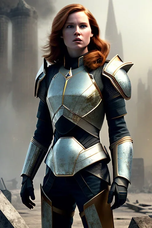 ultrarealistic, ruined city,__sci-fi armor__, __angles__, 18 year old woman, strikingly beautiful, ginger hair, _colour_, [__starlets__|__starlets__], (pale __skincolor__ skin:1.2), __camera__, _hair_, detailed face and eyes, medium breasts, leather choker, freckles, dynamic pose, resolved expression, __accessory__, strappy outfit, (straps:1.1), sword in scabard on left hip, (buckles, buttons, snaps, rings:1.0), haltertop style breastplate, detailed eyes, plump lips, sci-fi theme